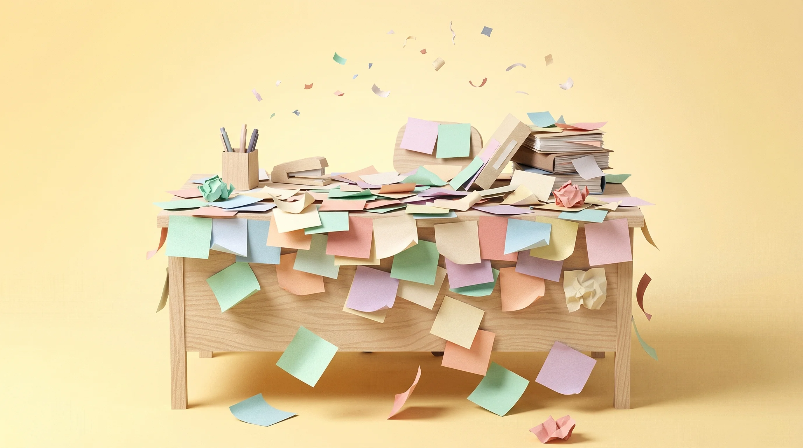 Paper notes and sticky notes scattered and lost on a teacher's desk